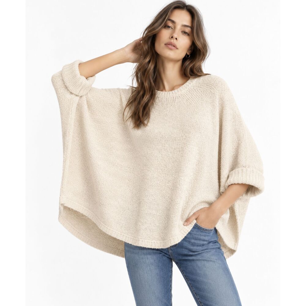Michael Kors Cream Fisherman Coastal Knit Poncho Sweater Quiet Luxury S/M